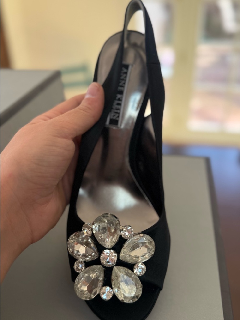 Anne Klein Black Slingback Heels with Crystal Flower Brooch - Picture 2 of 7